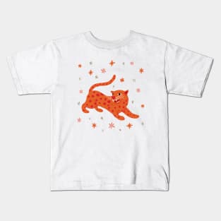 Tiny Orange Cheetah cat in Flower Field illustration Kids T-Shirt